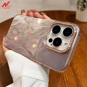 Fashion Bling Diamond Camera Case for iPhone 11 12 13 14 15 16 Pro Max 15 16 Plus 13ProMax Feather Laser Aurora Shockproof Cover