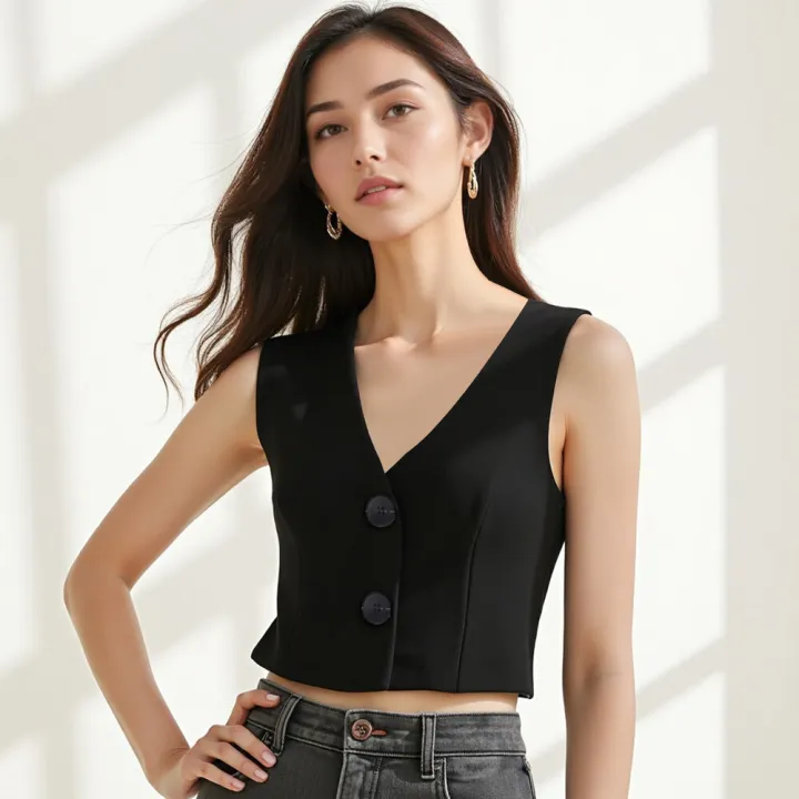 Closet Crush Vests for Women Summer Minimalist Solid Color Button Sleeveless V-Neck Skinny Fit Casual Vests B250211