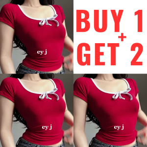 BUY 1 + GET 2 FREE (3PCS) Snarlet Ribbon Square Neck Plunging Short Sleeve Women Basic Casual Top Womenswear Comfortable