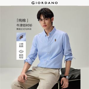 GIORDANO Men Shirts Bear Embroidery Cotton Oxford Shirts Long Sleeve Fashionable Casual Clean Fit Shirts 01046120