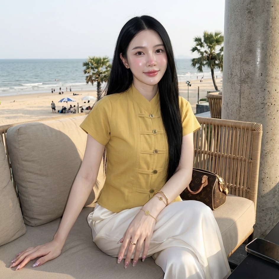 เสื้อคอจีนแขนสั้นกระดุมเหรียญ ผ้าฝ้ายชินมัย ทรงสวย ใส่สบาย ไซส์ใหญ่ก็ใส่ได้ มุมมองที่ 8