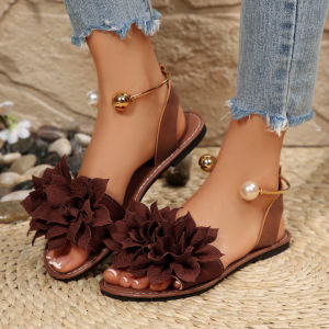 Free Shipping Flat-Soled Pearl Slip-On Sandals For Women 2026 Summer New Collection Plus-Size Fashionable Floral Sandals