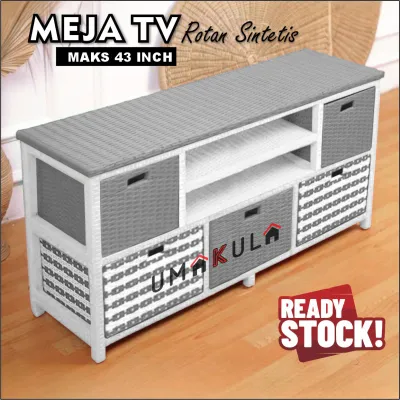 Lemari Rak Rotan Sintetis 5 Laci Bufet Buffet Meja TV 43 inci Ruang Tamu Serbaguna Minimalis Terbaru