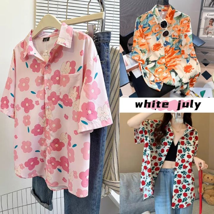 white july🌸พร้อมส่ง เสื้อเล่นสงกรานต์ เสื้อ เชิ้ตพิมพ์ลายดอกไม้สไตล์ ...