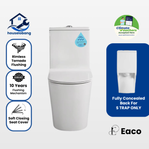 EACO T933 Rimless One Piece Toilet Bowl | Free Installation | Tornado Flushing | Soft Seat Closing | Fully Concealed Back | 10 Years Flushing Warranty | 3 Ticks Water Efficiency | Climate Voucher Accepted | Bidet Seat Cover Add-On