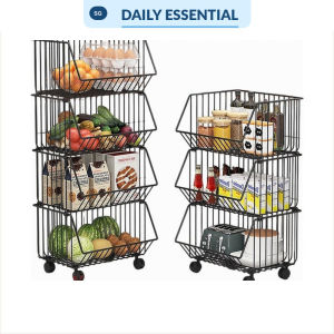 【DAILY ESSENTIAL】 Kitchen Basket Rack with Wheels Multipurpose Rack Storage Heavy Duty Vegetable Local Stock