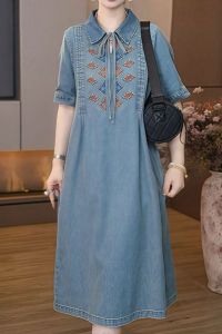 Fashion short-sleeved denim dress womens new lapel tie embroidered denim dress loose cover meat and thin large size denim dress