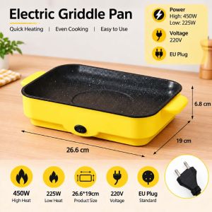 LENODI 220V EU Plug Electric Hot Pot Dual Power 450W/225W Nonstick Electric Cooking Griddle Pan for Breakfast BBQ & Hotpot