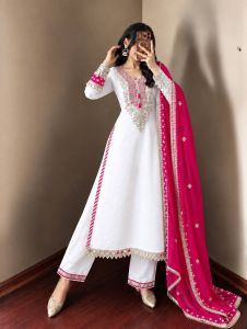 UCs Meher Premium Chinnon Mirror Work Kurti Set | Embroidered Pant + Fendy Silk Dupatta
