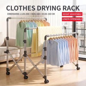 2M 3-Pole Stainless Steel Foldable Drying Rack w/ Wheels Indoor Outdoor Laundry Rack