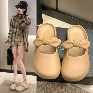 [Free Shipping] Soft-Soled Closed-Toe Slippers For Women Perfect For Outdoor Wear A New Summer Style Featuring A Bow And A Slip-On Design