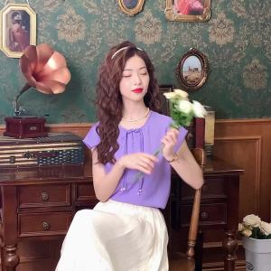 AMMIN 2024เสื้อเบลาส์ผู้หญิงหัวเข็มขัดติดลูกปัดคอวีเสื้อชีฟองสีทึบเสื้อยืดแขนสั้นธรรมดาฤดูร้อน