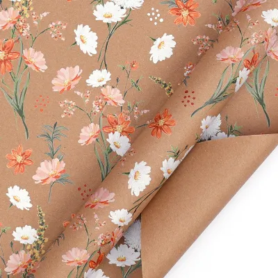【SG STOCK】❤️43*300CM New vintage yellow kraft paper with floral elements large-sized roll of gift wrapping paper