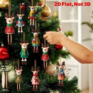 438178 ZXC 16Pcs 2D Colorful Christmas Reindeer Wooden Pendant Ornament Cartoon Christmas Tree Hanging Decoration For Home New Year Gift