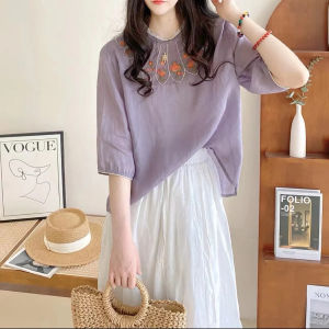 Luckin Store mùa hè Sơ Mi Nữ 2025 vải lanh và cotton mới thêu áo cổ tròn dài tay dân tộc linen mềm Áo thun thêu tay lỡ áo ngắn mỏng