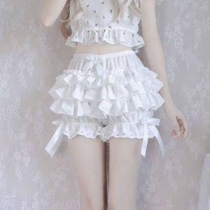 Sweet Pleated Lace Bow Safety Pants JK Lolita Ruffle Pumpkin Pants Puffy Anti-glare Safety Shorts Women
