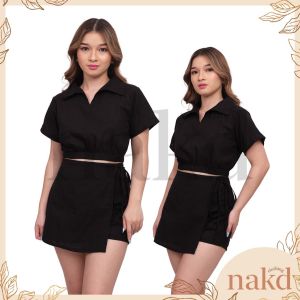 NAKD FASHION ORLA COTTON LINEN BASIC DAILY COMFY COLLAR TERNO SKORT SHORTS SET 1594