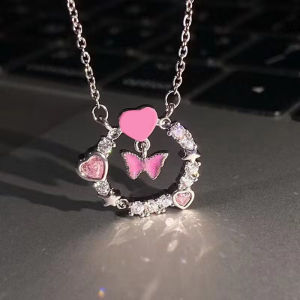 shiqinbaihuo Ánh Sáng Sang Trọng Sáng Bóng Zircon Bướm Màu Hồng Trái Tim Vòng Cổ Cho Phụ Nữ Tinh Tế Vòng Mặt Dây Chuyền Xương Đòn Chuỗi Cô Gái Bên Đồ Trang Sức Quà Tặng