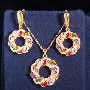 SEQUITO New Arrival Women Yellow Gold Plated Jewelry Set Pave Setting Multicolor AAAAA Cubic Zirconia Rotate Shape Hollow Earrings Necklace for Banquet SJ369