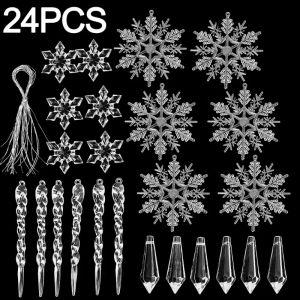 24PCS Transparent Acrylic Christmas Snowflake Icicle Pendant Winter Simulation Star Snowflake Icicle Christmas Tree Hanging Ornaments Christmas Home Decoration