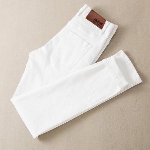 Spring/Summer Pure White Jeans for Mens Korean Fit Elastic Wash Casual Thin Pants