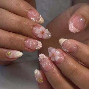 MIRELAE 24Pcs Flower False Nail Full Cover 3D Gel Press on Nails Pearl Fake Nail Tips Women