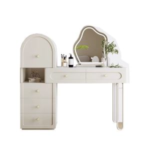 Dressing Table Cream Vanity With Mirror and Storage Bedside Table Bedroom Makeup Table and Chair with Wheels Stool Modern Simple Small Storage Make-up Side Table White Cabinet Drawer Integrated