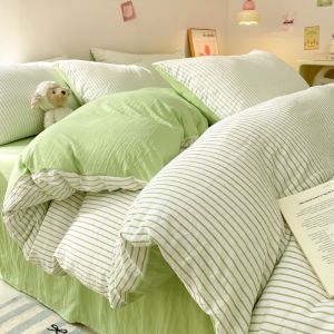 Dansunreve Bộ Ga Trải Giường kẻ sọc cotton giặt bộ đồ giường ngủ 3/4 trong 1 kèm vỏ chăn vỏ chăn chăn bông vàng mềm/Xanh dương/Hồng tối giản đơn giản Vỏ gối bằng phẳng sheetsingle Queen King size