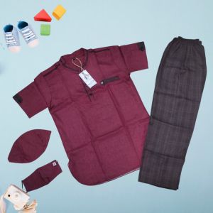 Setelan Baju Koko Kurta Anak Laki-Laki Lengan Pendek - Celana Motif Kotak & Free Masker 2 - 12 Tahun