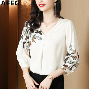 AFEG new Korean version of V-neck fashion loose temperament real silk satin printed seven-point sleeve blouse for women