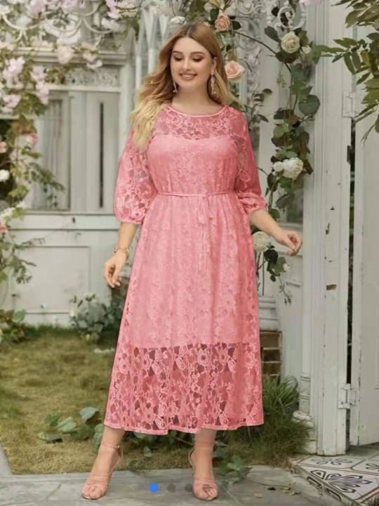 Plus Size Elegant Casual Civil Wedding Wear Style Solid Color Bracelet Sleeve Lace Dress Lazada PH