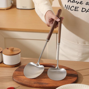 Wooden Long Handle Stainless Steel Cooking Spoon Mushroom Shovel Durable Kitchenware for Home Stir Fry Cooking