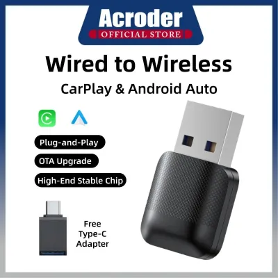 Acroder B5 2 In 1 Wireless CarPlay Adapter Android Auto Wired to Wireless Smart Switch Button