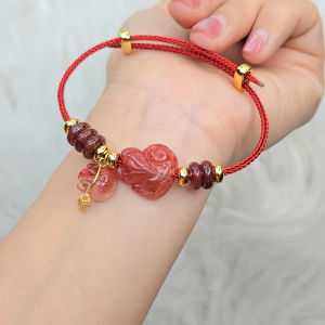 Vòng cáp ngũ điếu hồ ly túi tiền Thạch Anh Tóc Đỏ treo móc kim tiền vàng 10k cho mệnh Hoả và Thổ - Phong Thuỷ TUDO