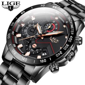 LIGE Fashion Men Watch Stainless Steel Waterproof Quartz Watch Chronograph Sport Military Watches For Men + Free Box