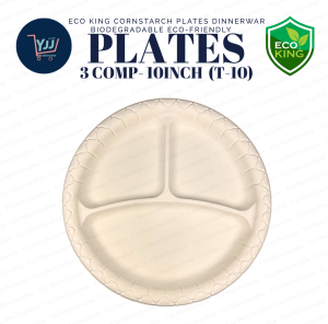 ECO KING 50PCS CORNSTARCH PLATES 10 INCHES 3 COMPARTMENT BIODEGRADABLE DISPOSABLE DINNERWARE
