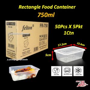 FR750 Rectangular Disposable Plastic Food Container 750ml BEKAS PLASTIK MAKANAN Segi Empat -1Ctn