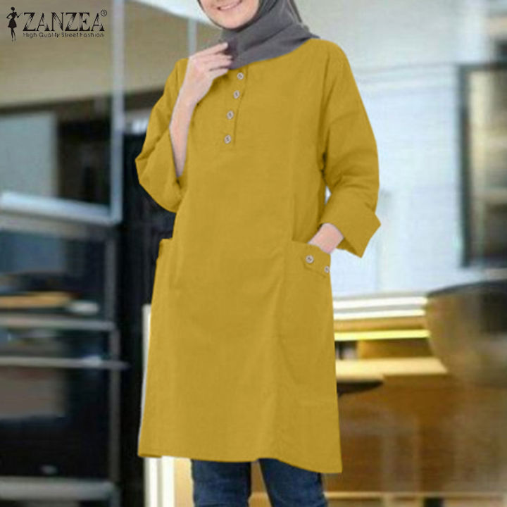 Muslim Solid Tops Women Fashion Muslim Blouse Casual Full Sleeve
