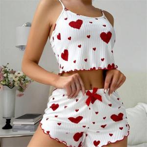 YIFAFA 【BUY 1 TAKE 1】 Sleepwear Heart Womens Summer Casual Pajama Set 2PC Sleeveless Terno Suit  Shorts Love Printing Top Comfortable Breathable Loungewear Delivery 2-3 Days