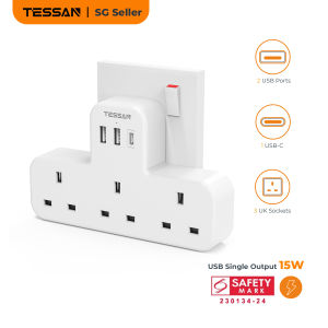 TESSAN 3-Outlet UK Plug Wall Adapter with Dual USB Ports and USB-C Charging - Safety Marked 15W Power