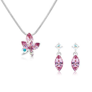SO SEOUL Ioni Maple Leaf Blue Shade and Pink Swarovski® Crystal Earrings with Necklace Jewelry Gift Set