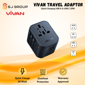 VIVAN Travel Adapter Universal 20W VPS-T003A Black USB Type-C Multi-Country Power Adaptor Colokan Listrik Quick Charging Steker