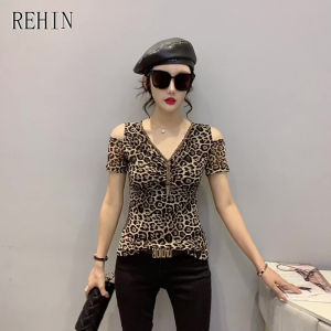 Slim Crease ด้านบน V คอ สีของ REHIN เสื้อยืด S-3XL สำหรับผู้หญิง