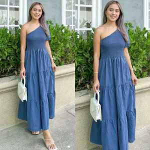 SHANTAL LINEN SIDE WAYS SMOCKING LAYERED MAXI DRESS  [555566]
