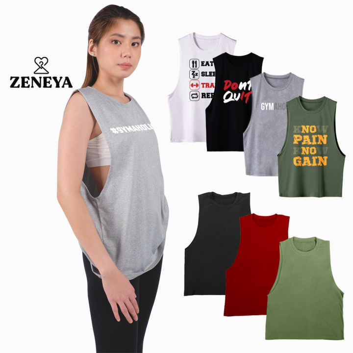 Zeneya Muscle Tee For Women Active Wear Set plain muscle shirt loose tees  sleeveless cotton sando tank top tops zumba yoga gym outfit wear womens  workout clothes free size freesize korean trendy