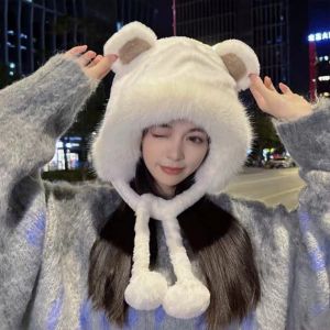YOCKY Plush Cute Bear Ear Hat Korean Warm Women Fluffy Hats Trendy Outdoor Faux Fur Bucket Hat Winter