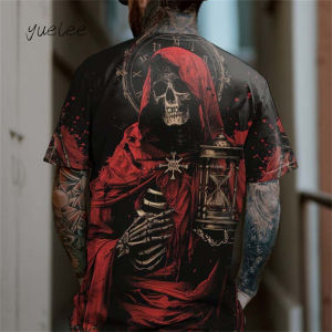 Horror Mens T-Shirt 3D Death Skull Print Mens Short Sleeve T-Shirts Loose Retro Summer Tops Street Casual O-Neck Mens T-Shirt