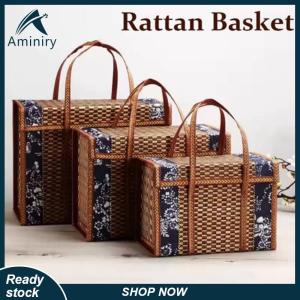 Aminiry[Love sports] Folding Bamboo Woven Fruit Basket Handheld Handle Fruit Shopping Food Basket Picnic Food Storage Basket For Outdoor