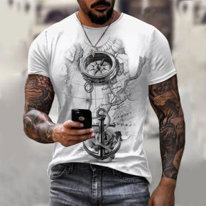 Vintage Tshirts for Men Summer O-Neck 3D Anchors Print Oversized T Shirt Mens Clothing Casual Streetwear