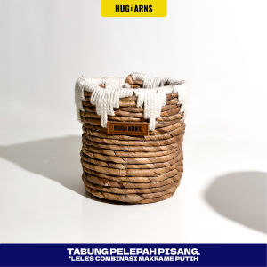 HUGeARNS - Tabung Pelepah Pisang Leles Combinasi Makrame Putih / Vas Bunga Pelepah Pisang / Cover Pot Kombinasi Anyaman / Cover Vas Bunga Hias Cover Pot Bunga Anyaman / Cover Pot Anyaman Natural Rapiah Ramah Lingkungan / Anyaman Pelepah Makrame